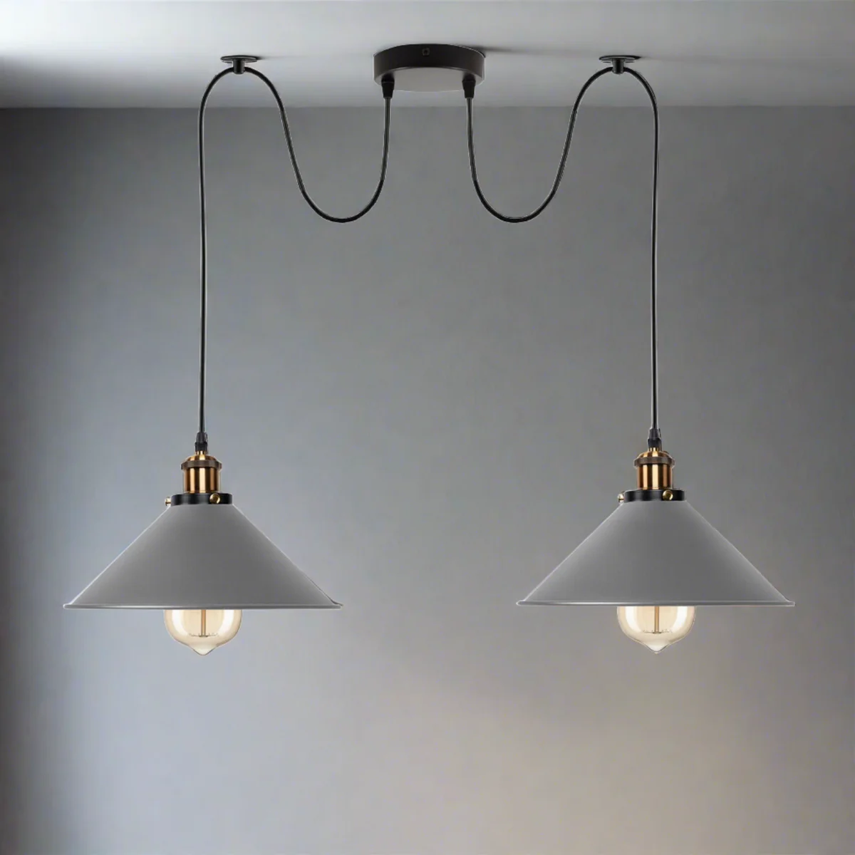 Grey retro industrial ceiling lamp with two E27 light holders and metal shades hanging from PVC cables