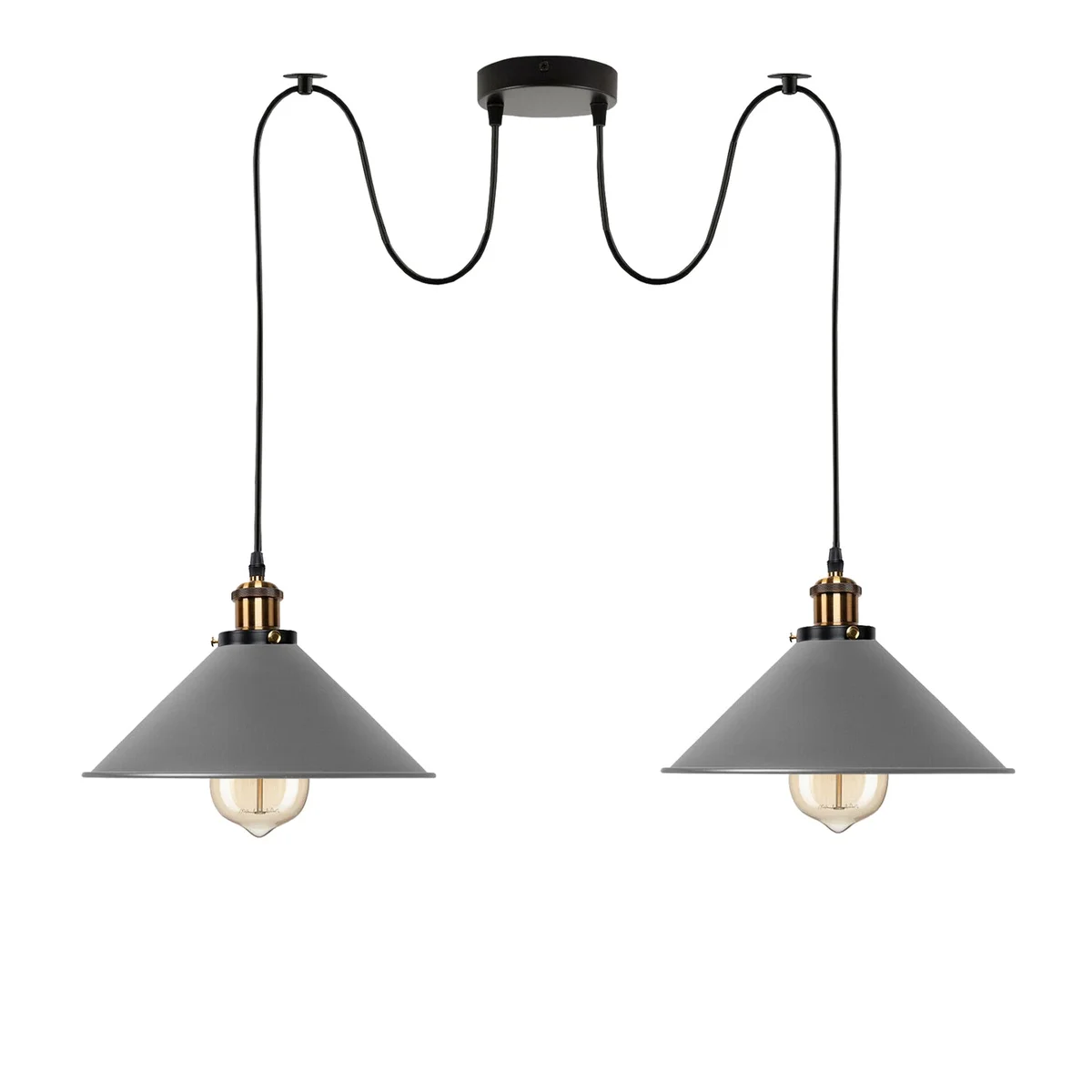 Grey 2 way ceiling light with two industrial-style metal shades and PVC cables hanging from ceiling plate