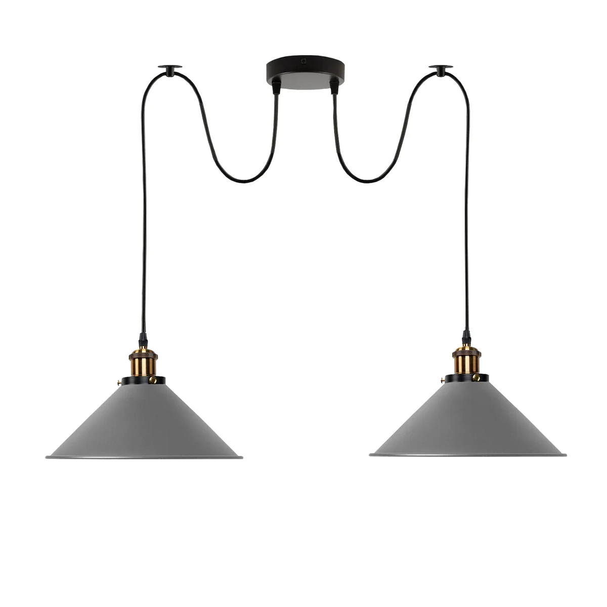 Grey 2-way retro industrial style lighting pendant with metal shades and PVC cable hanging from ceiling plate