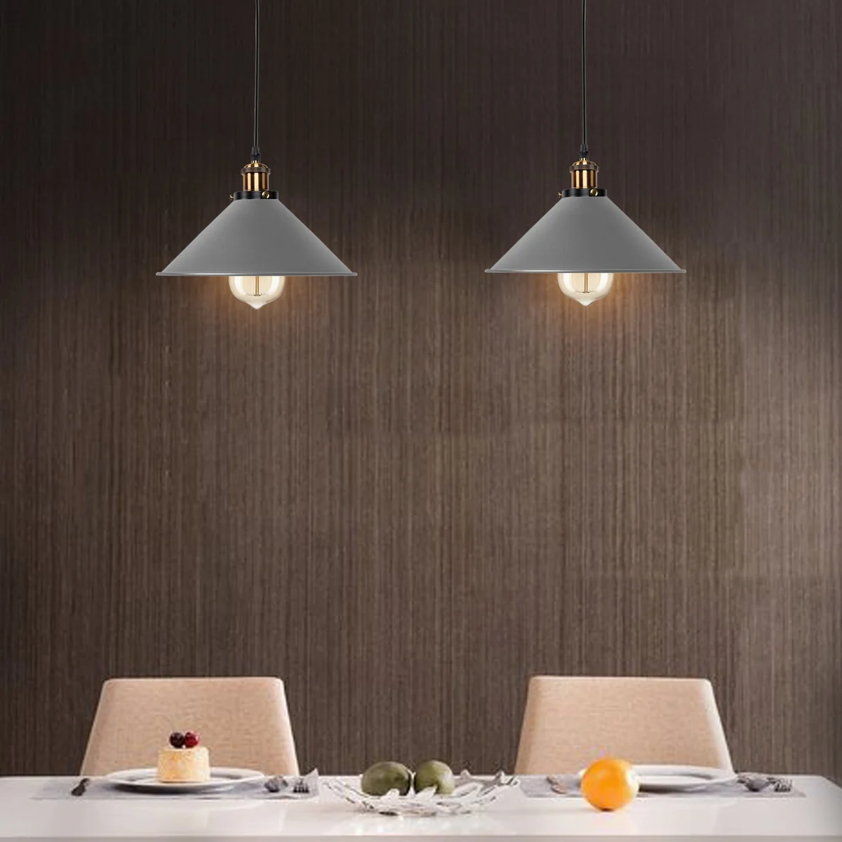 Grey 2 way retro industrial metal ceiling pendant with two E27 light holders and grey shades hanging from ceiling plate