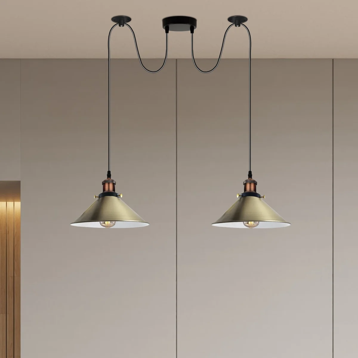 Green brass 2-way retro industrial ceiling light with metal shades and E27 sockets hanging from ceiling plate