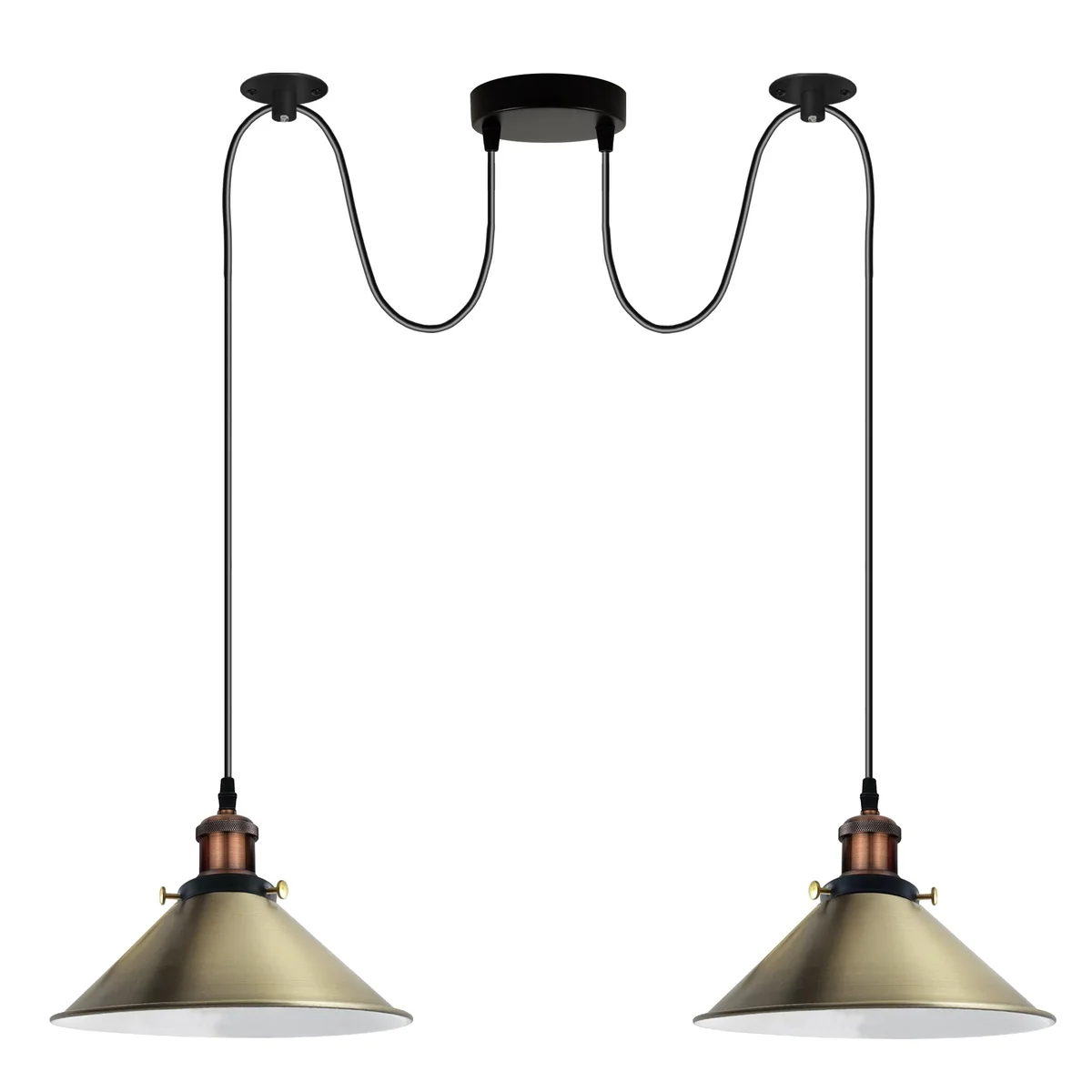 Green brass pendant light with two retro industrial E27 lamp holders and green metal shades hanging from ceiling plate