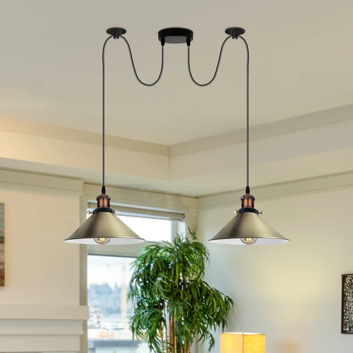 Green brass 2 way retro industrial E27 hanging lamp with metal shades and long PVC cables against white background