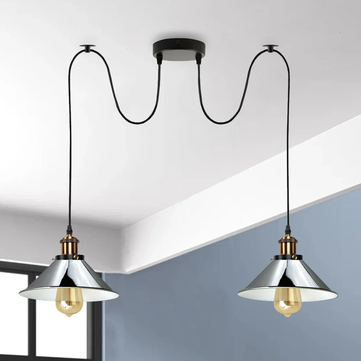 Black retro industrial pendant light with 2-way cable and E27 bulb fitting hanging from ceiling plate