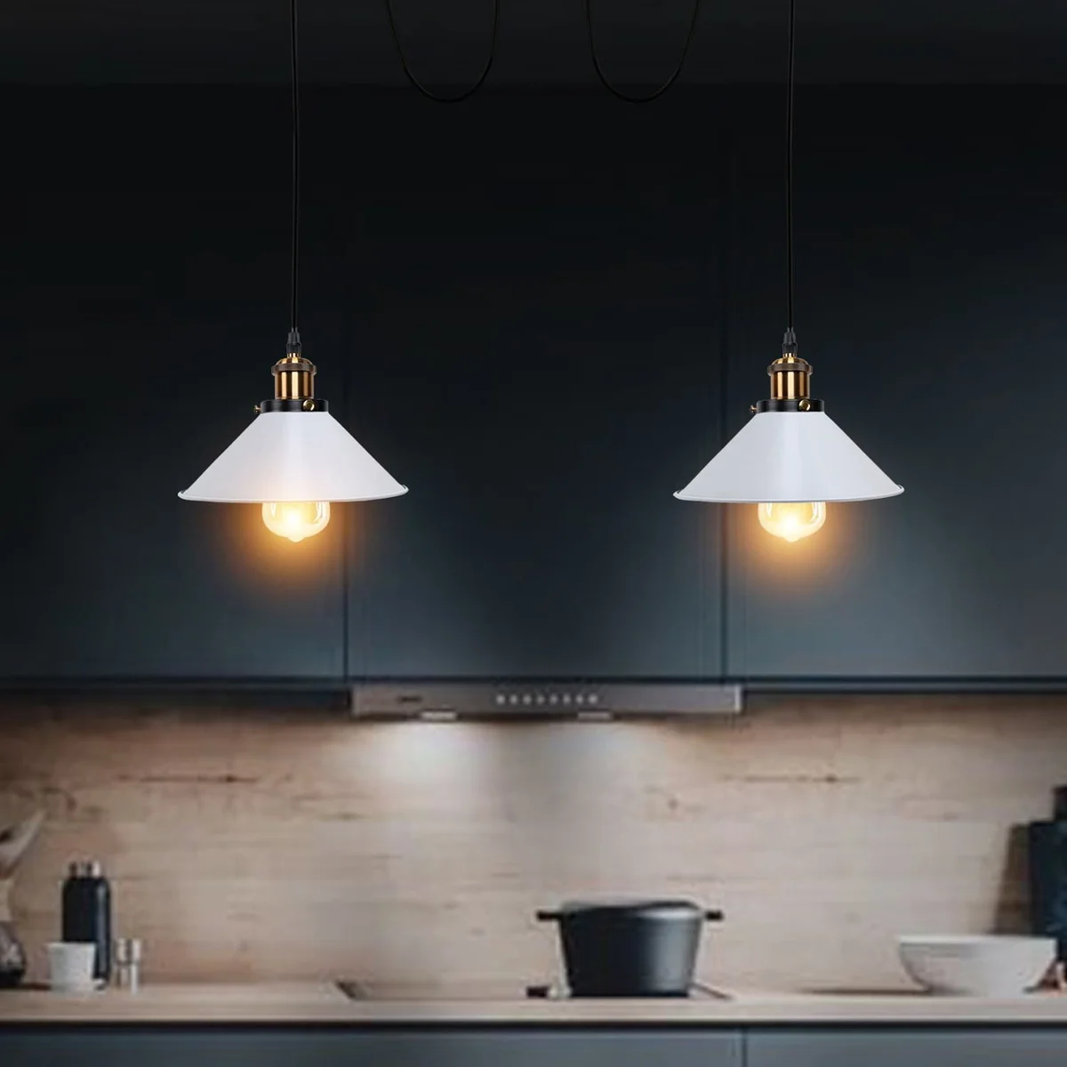 Retro industrial pendant light in brushed copper finish with adjustable 2-way cable and E27 bulb holder hanging from ceiling plate