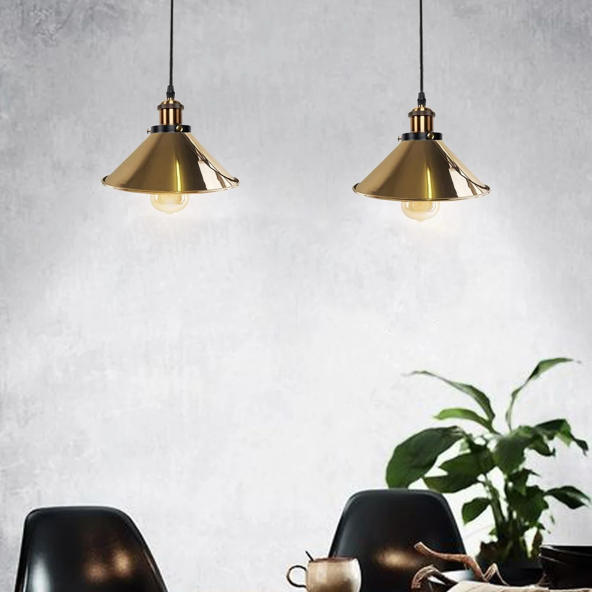 Retro industrial pendant light in black metal with adjustable ceiling cable and E27 bulb holder shown hanging