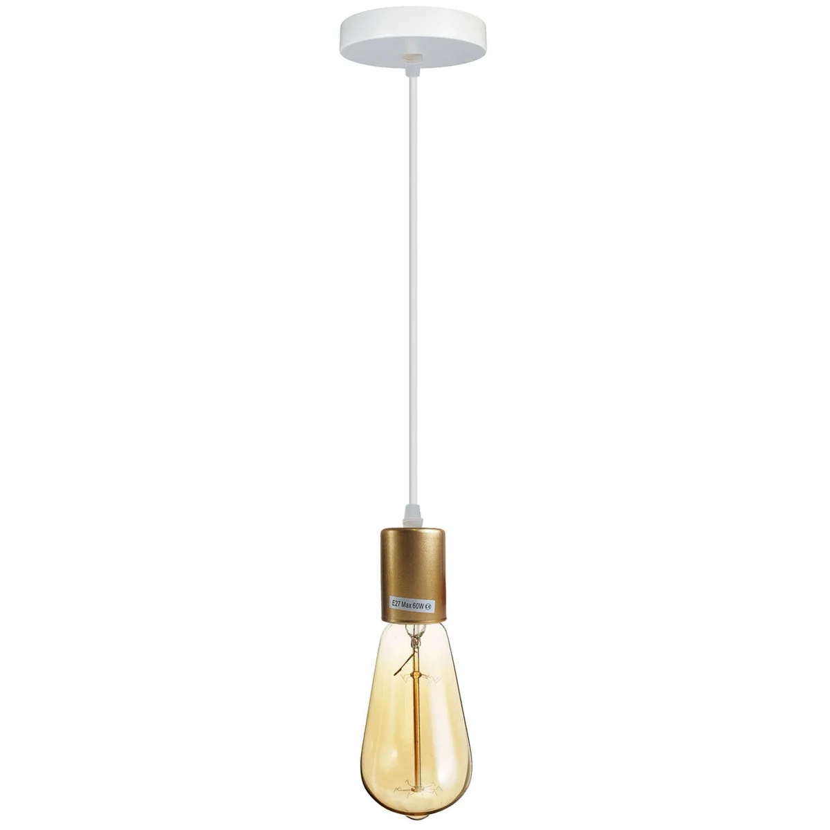 Gold industrial pendant lamp with E27 bulb holder, metal and PVC construction, 95cm wire, ceiling mount plate visible