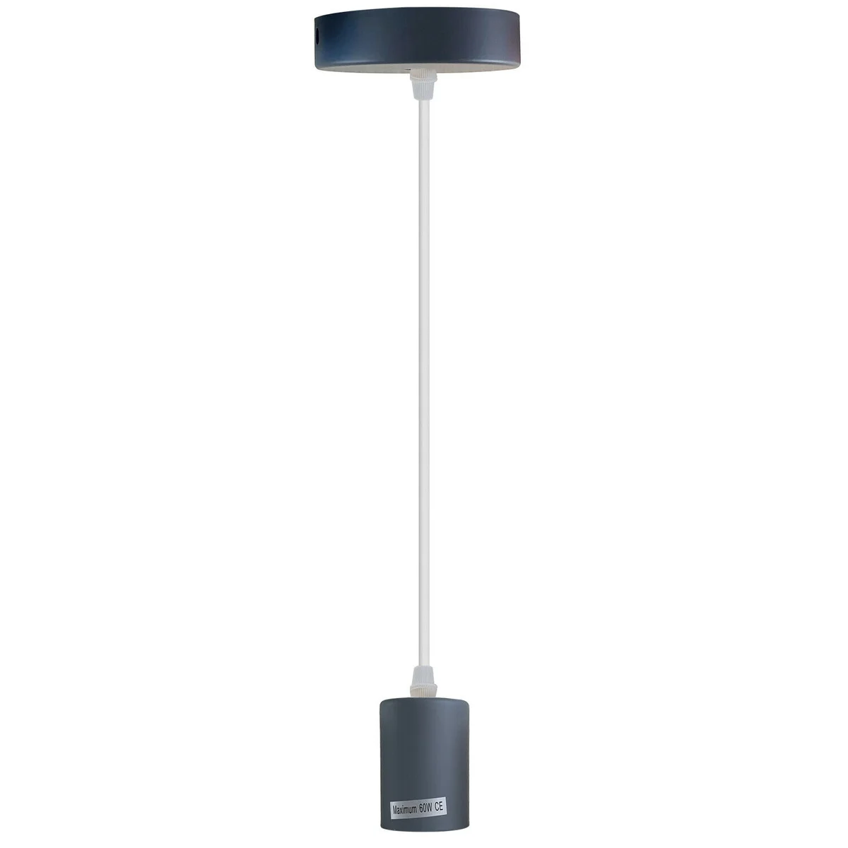 Gray industrial-style E27 ceiling light fitting with metal pendant lamp holder and 95cm black cord hanging from ceiling plate