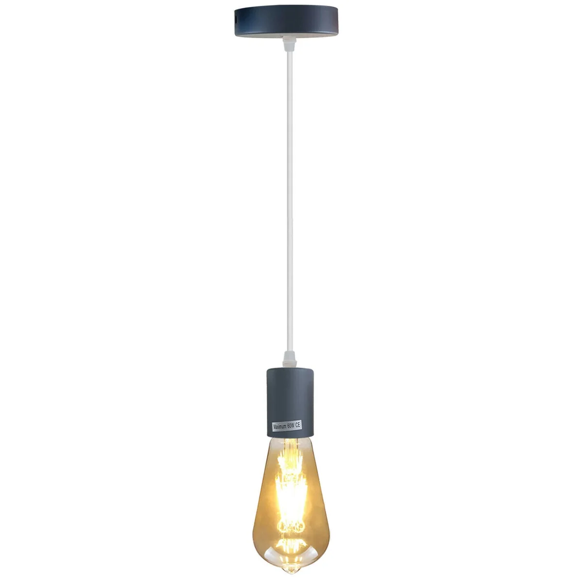 Gray industrial pendant lamp with E27 bulb holder, metal and PVC construction, hanging from ceiling plate