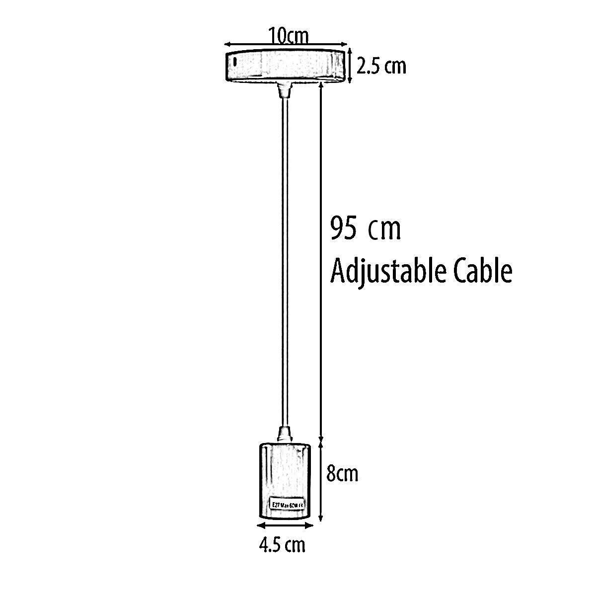 Grey industrial pendant lamp with E27 bulb holder, metal and PVC design, 95cm wire, ceiling mount included
