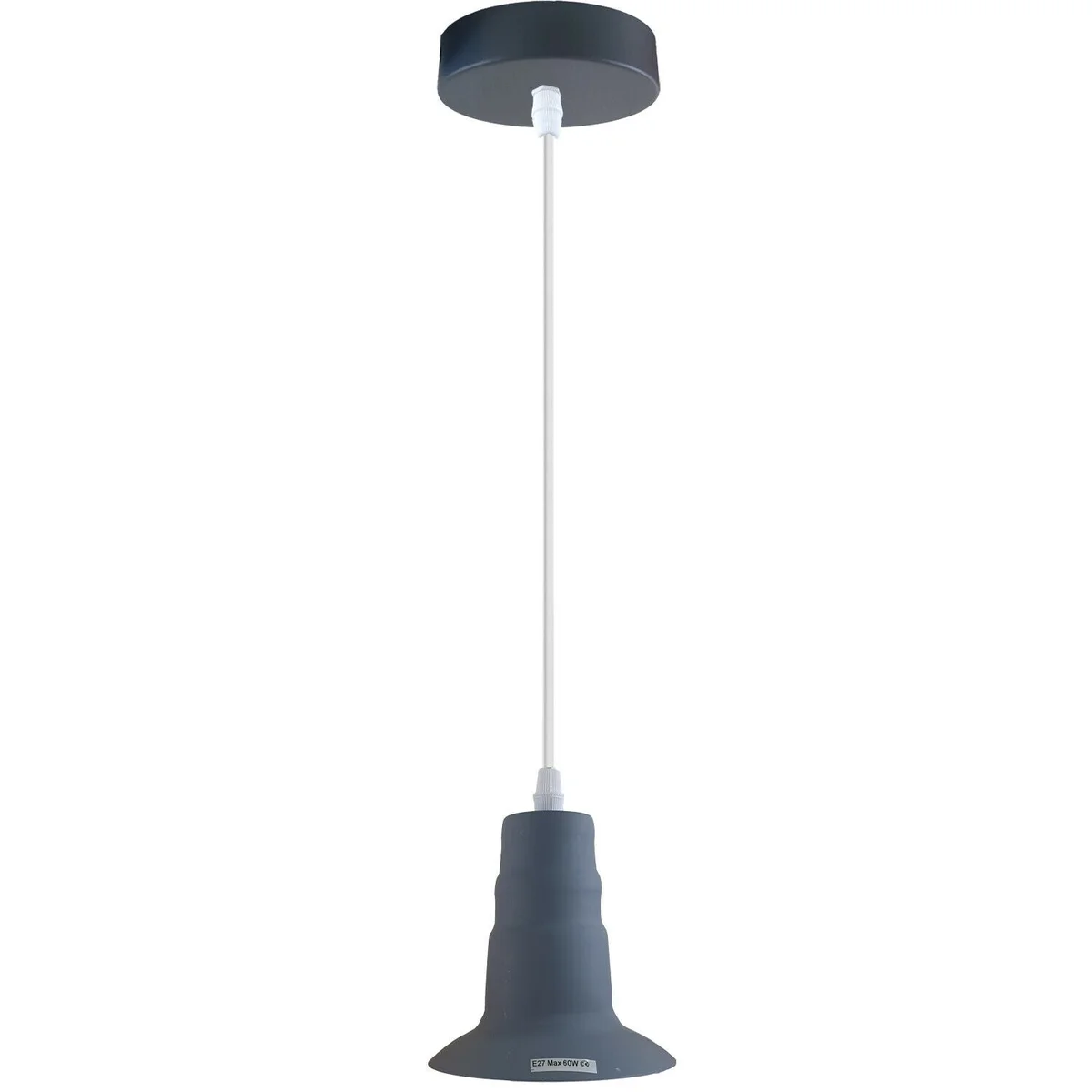 Gray industrial pendant light with metal and PVC materials, E27 bulb holder, and 95cm hanging wire