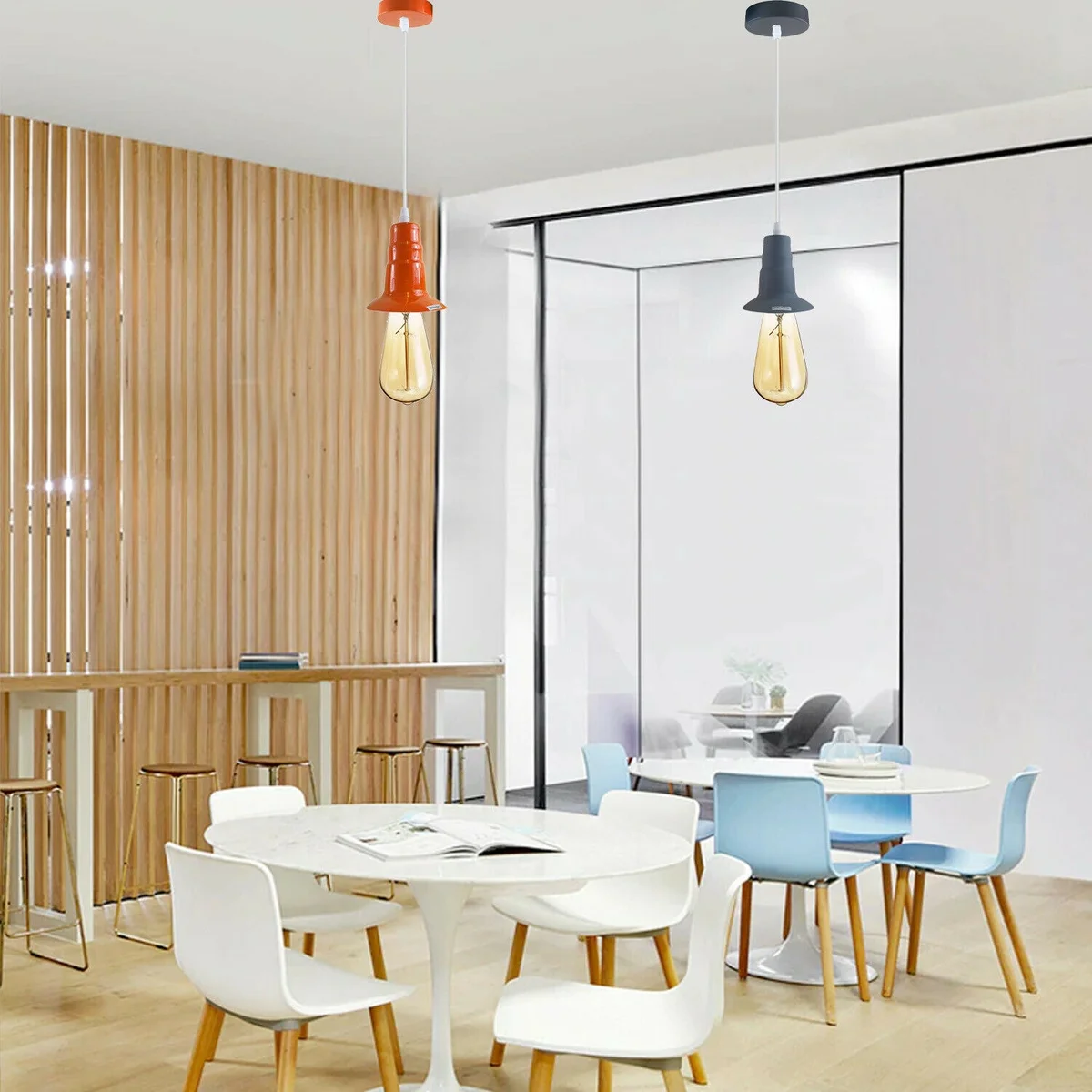 Grey industrial E27 pendant lamp with metal and PVC materials, ceiling plate, and 95cm wire length, no bulb included