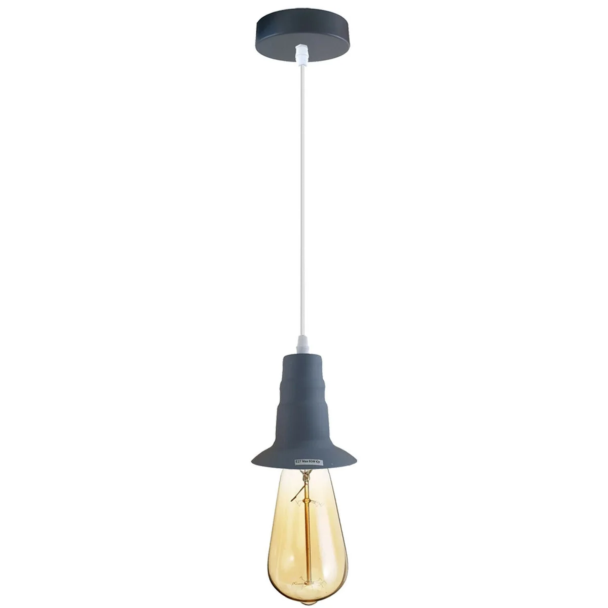 Gray industrial metal pendant light with E27 bulb holder and 95cm cord hanging from ceiling plate