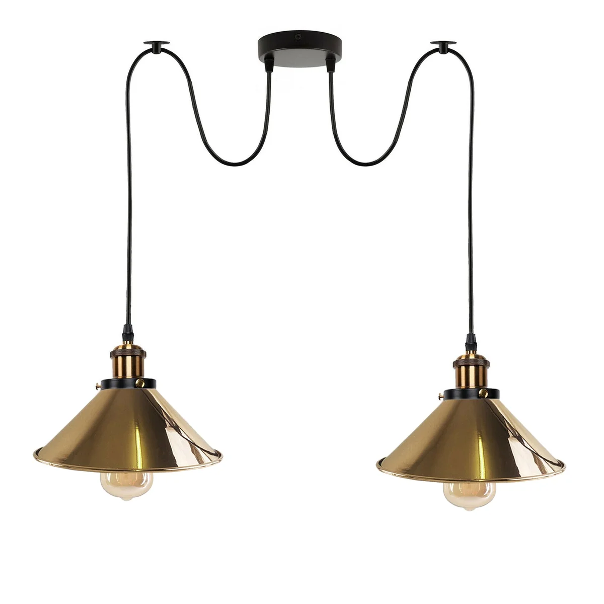 French gold hanging lamp with two retro industrial E27 light holders and metal shades suspended by PVC cables