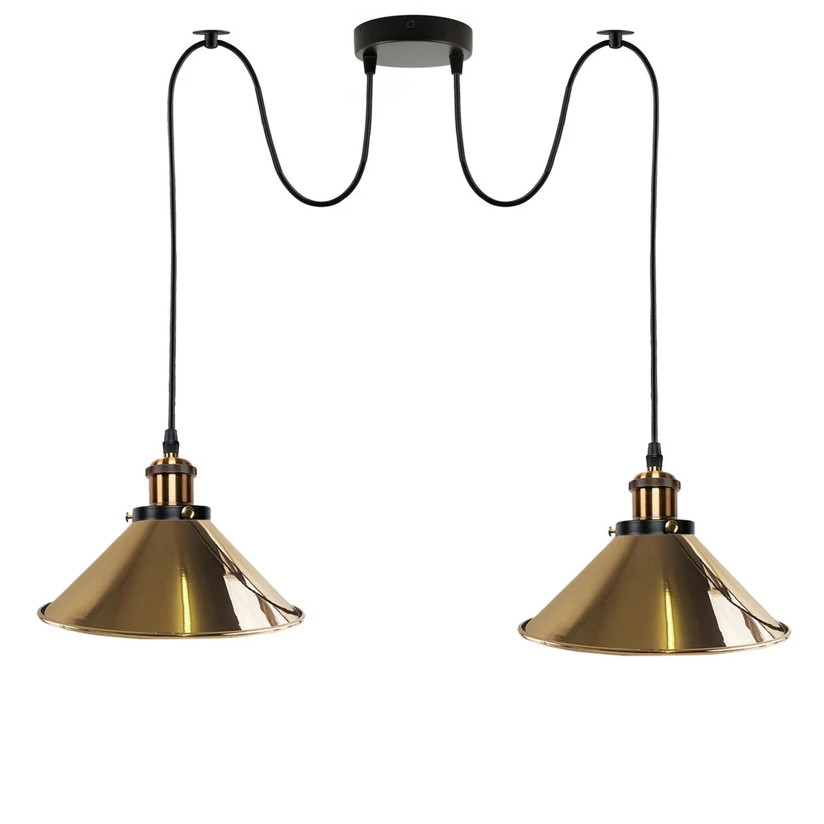 French Gold 2-way retro industrial E27 pendant light with two metal shades and PVC cables hanging from ceiling plate
