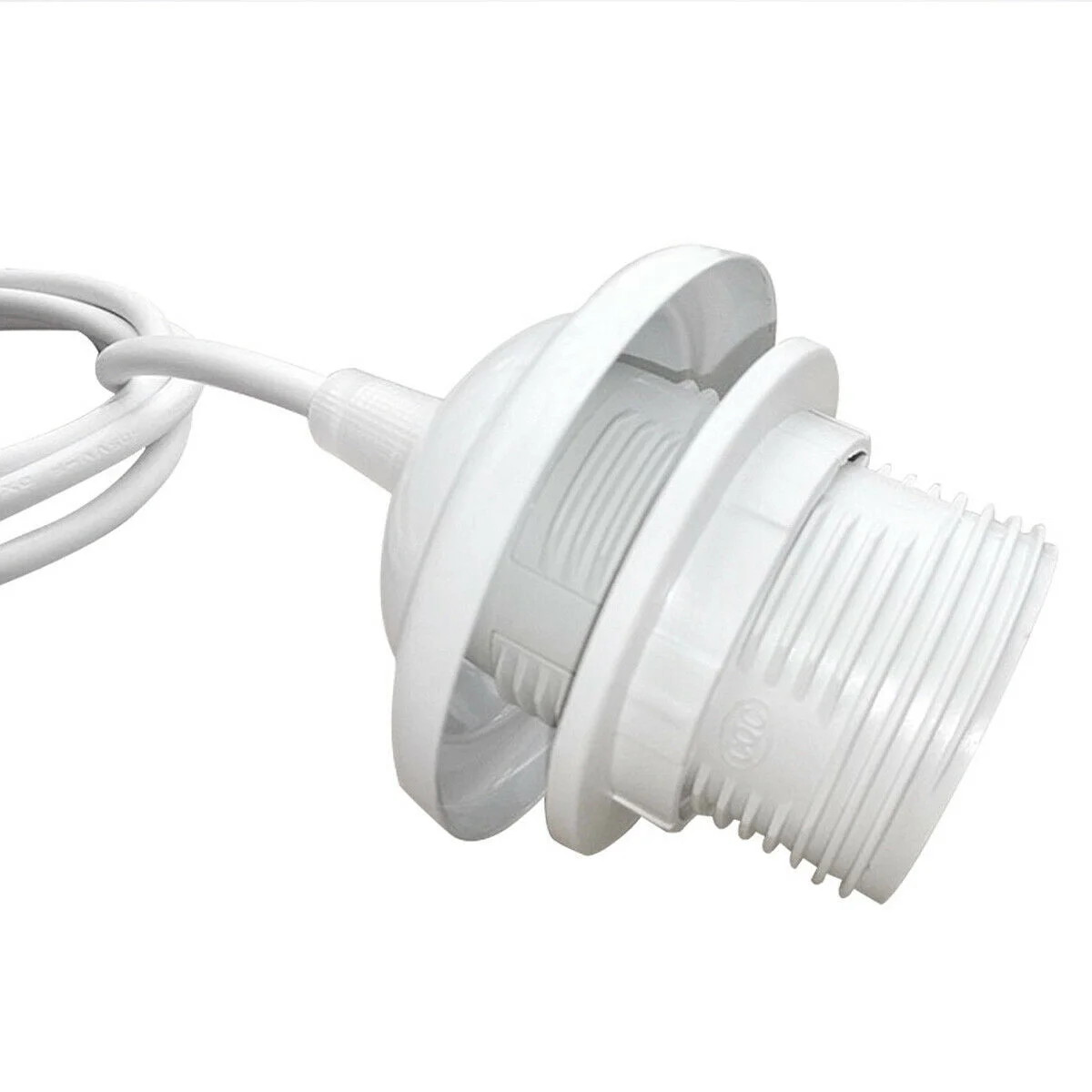 White E27 lamp holder with 1m cable pendant set featuring round white 2 core PVC cable and metal holder