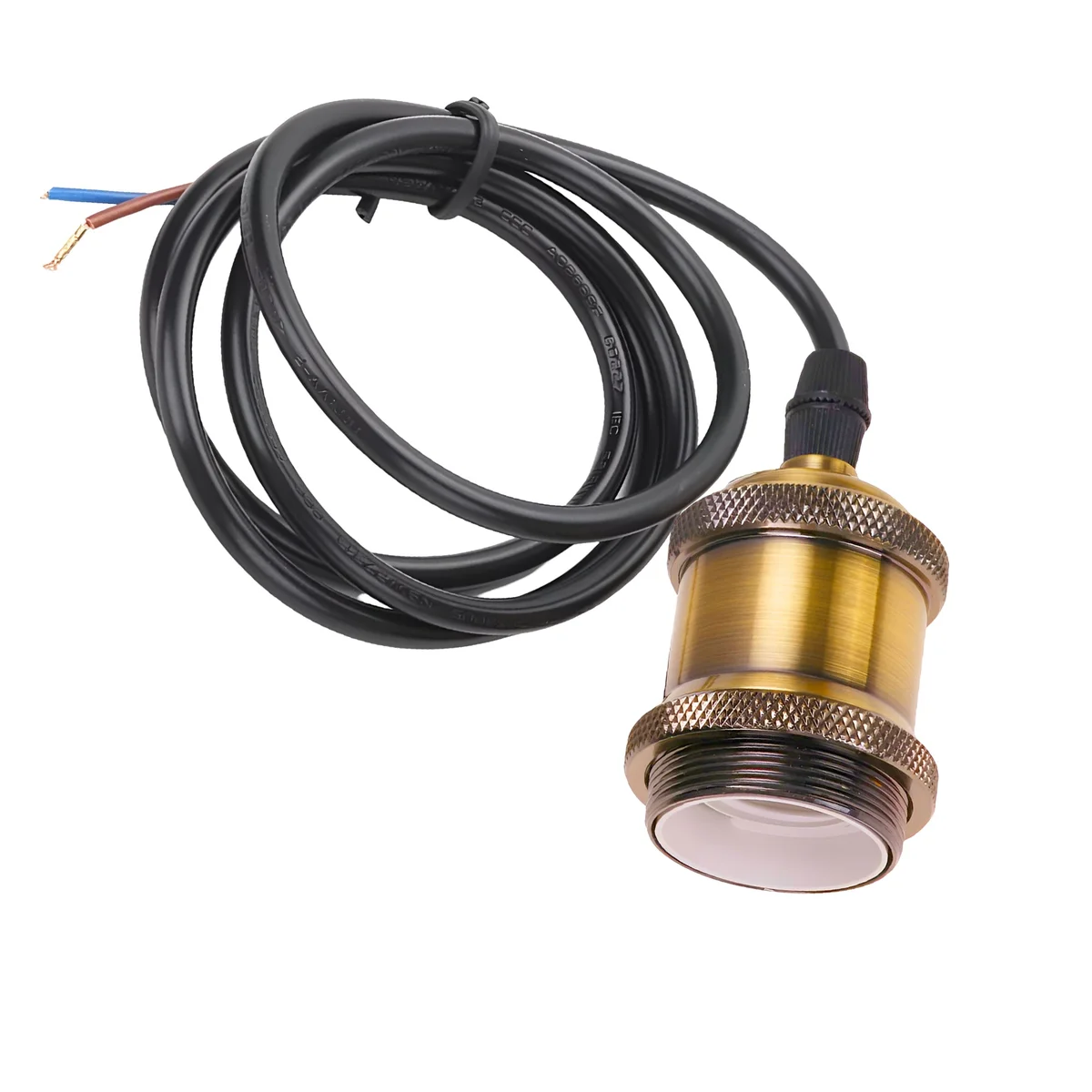 Yellow brass E27 pendant light holder with short metal base and 2m PVC cable, no bulb included, for home lighting