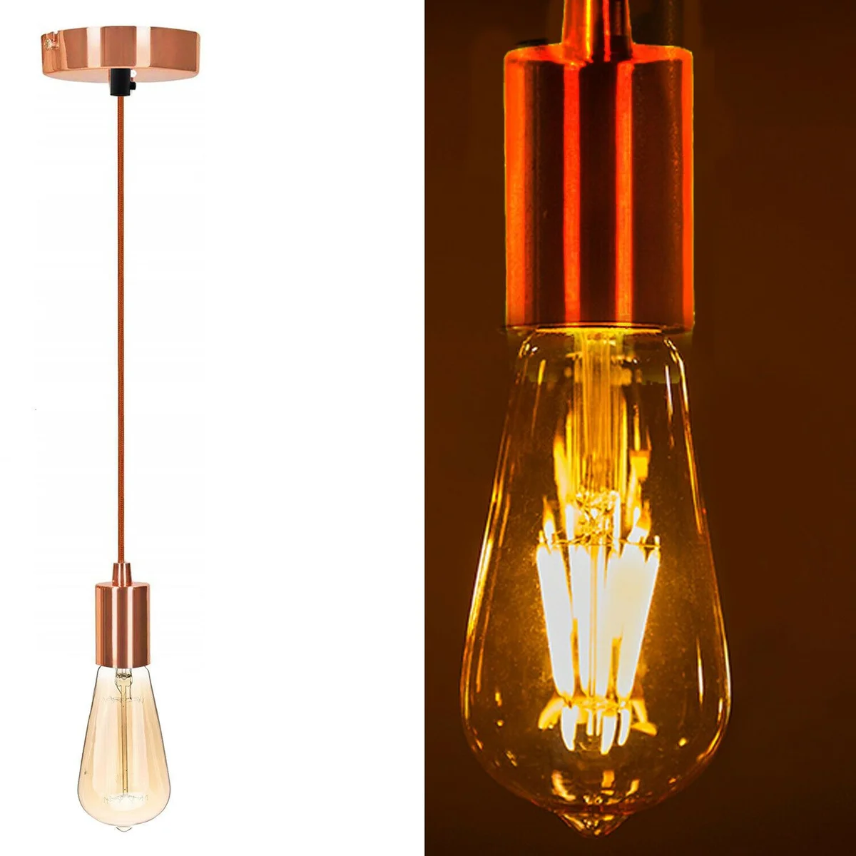 Rose gold E27 pendant lamp holder with fabric flex and ceiling rose, metal finish, no bulb included, 100cm wire length