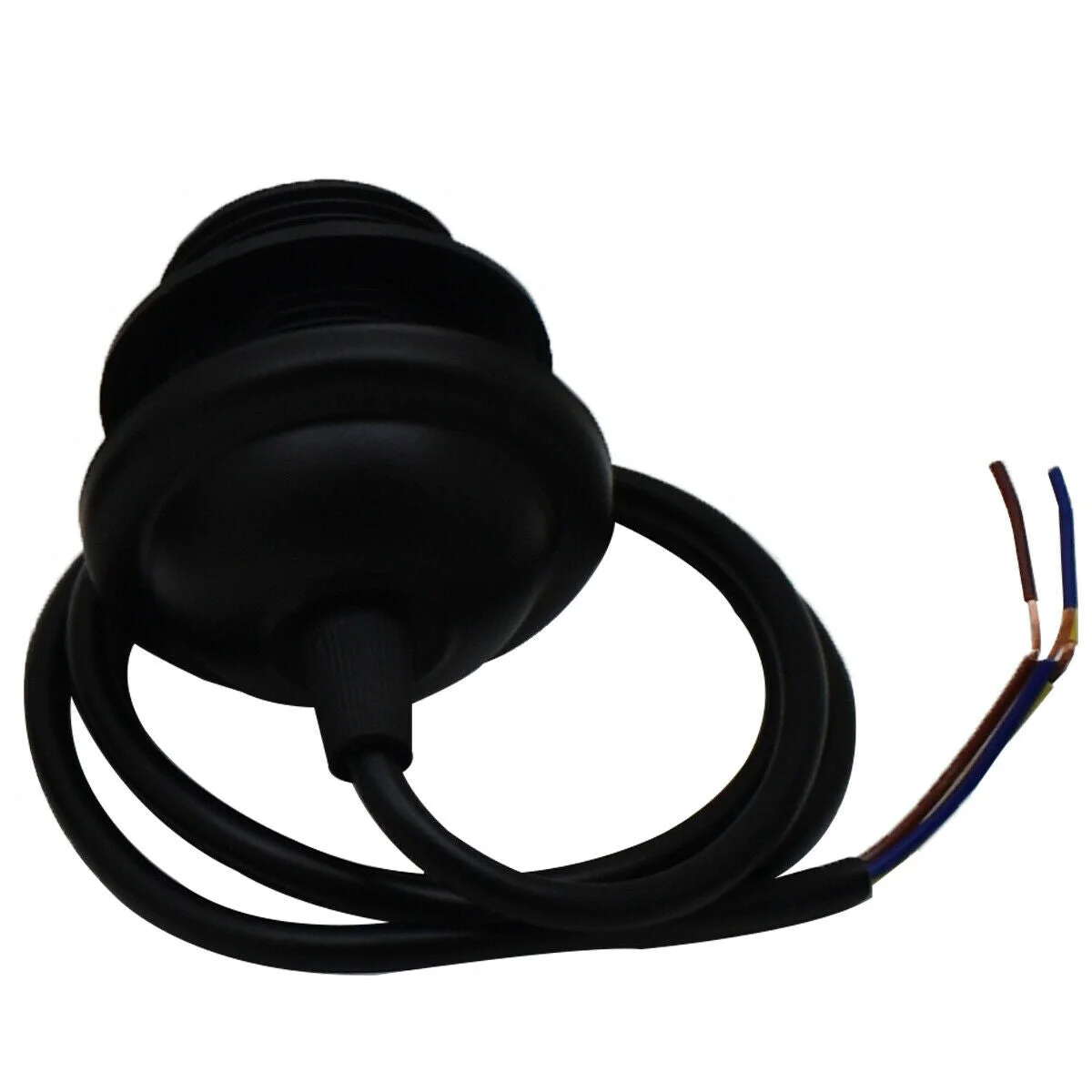 Black E27 pendant light holder with 1m round black fabric cable, metal and PVC construction, no switch included