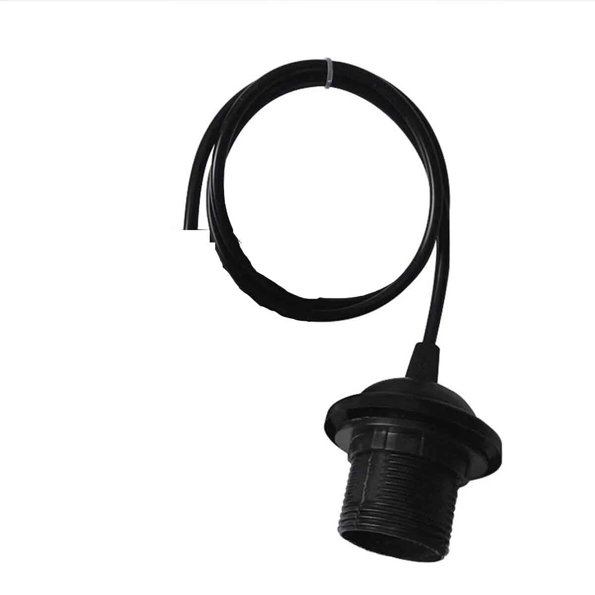 Black pendant lamp holder with E27 base, round black PVC cable, and metal construction, 1m length cable visible