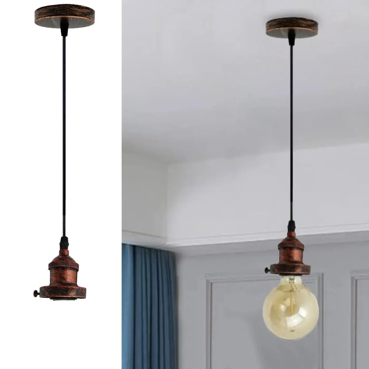Rustic red E27 ceiling rose light fitting with metal and PVC pendant lamp holder and 90cm wire hanging from ceiling plate