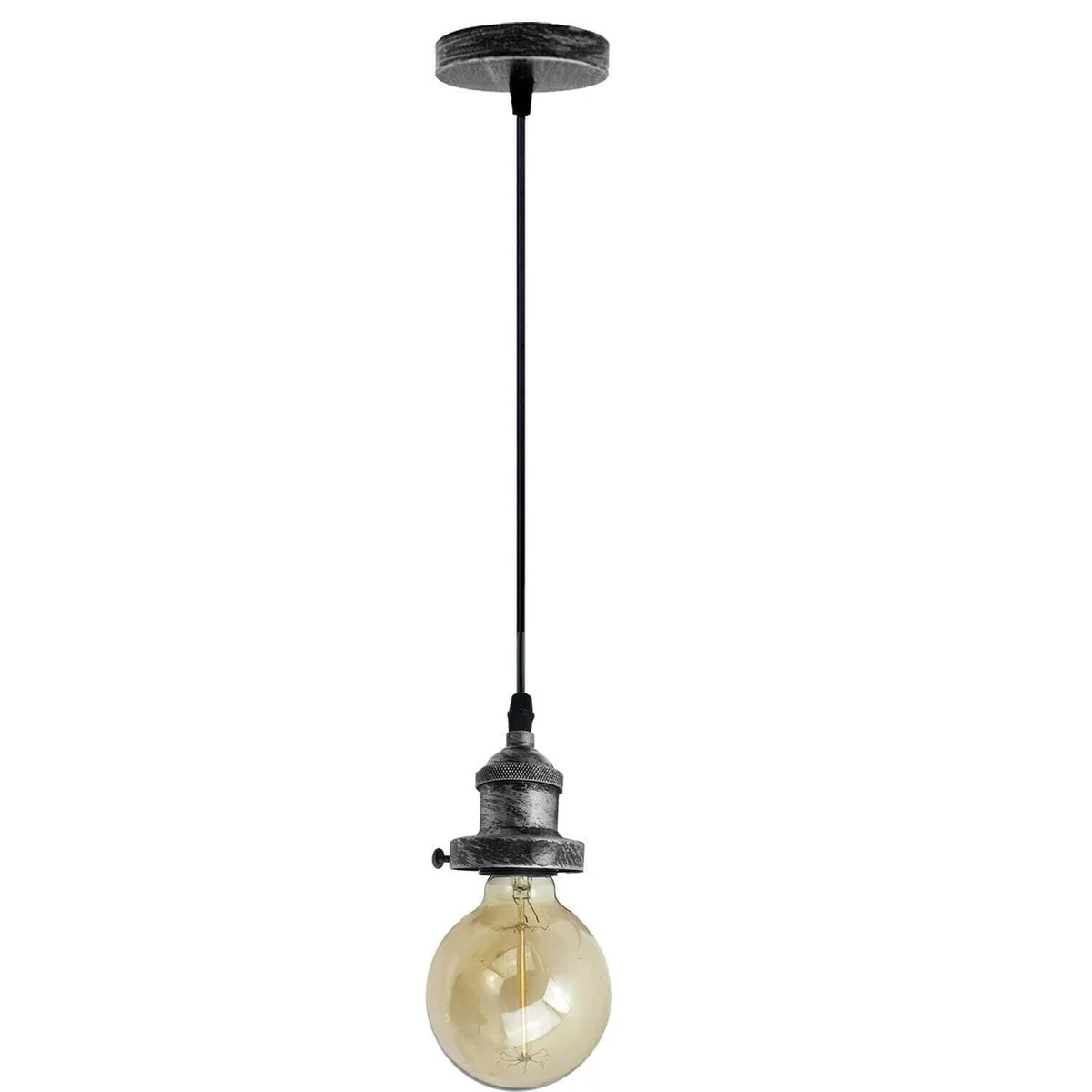 Brushed silver E27 ceiling rose light fitting with metal pendant lamp holder and 90cm PVC wire hanging from ceiling plate
