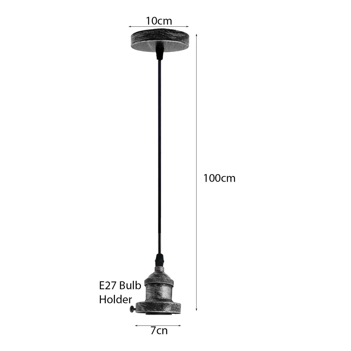 Brushed silver vintage pendant lamp holder with E27 base and 90cm wire, metal and PVC ceiling rose fitting