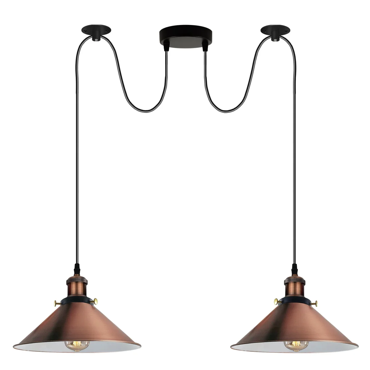 Copper ceiling pendant light with two E27 holders, retro industrial style, metal shades and long PVC cables hanging from ceiling plate