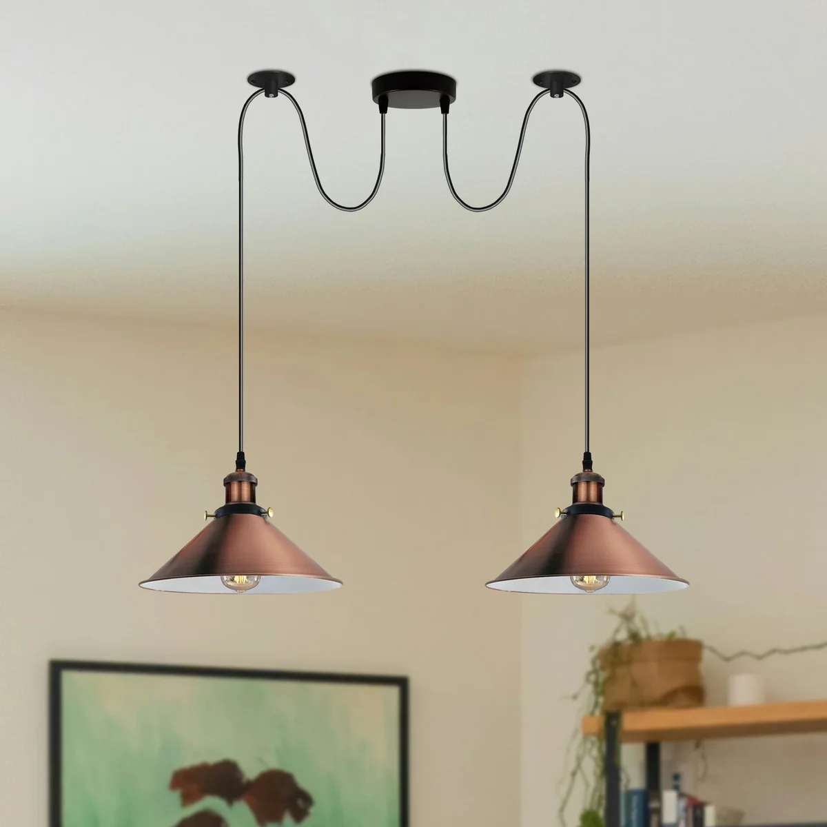 Copper 2 way retro industrial ceiling lamp with two E27 metal shades hanging from PVC cables against white background