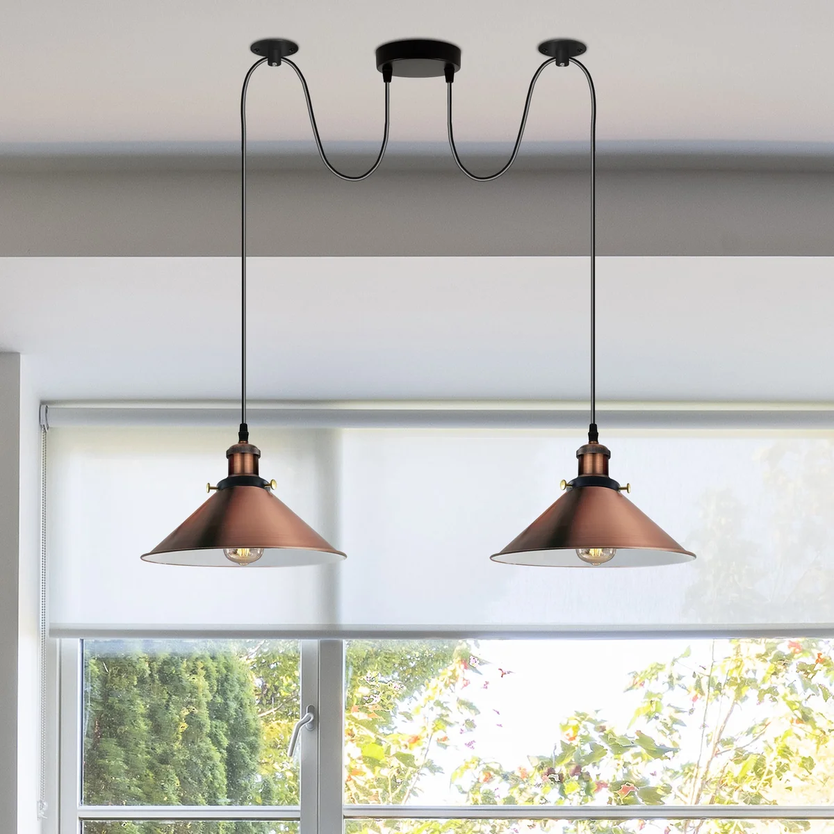 Copper 2 way retro industrial ceiling E27 pendant light with metal shades and long PVC cables hanging from ceiling plate