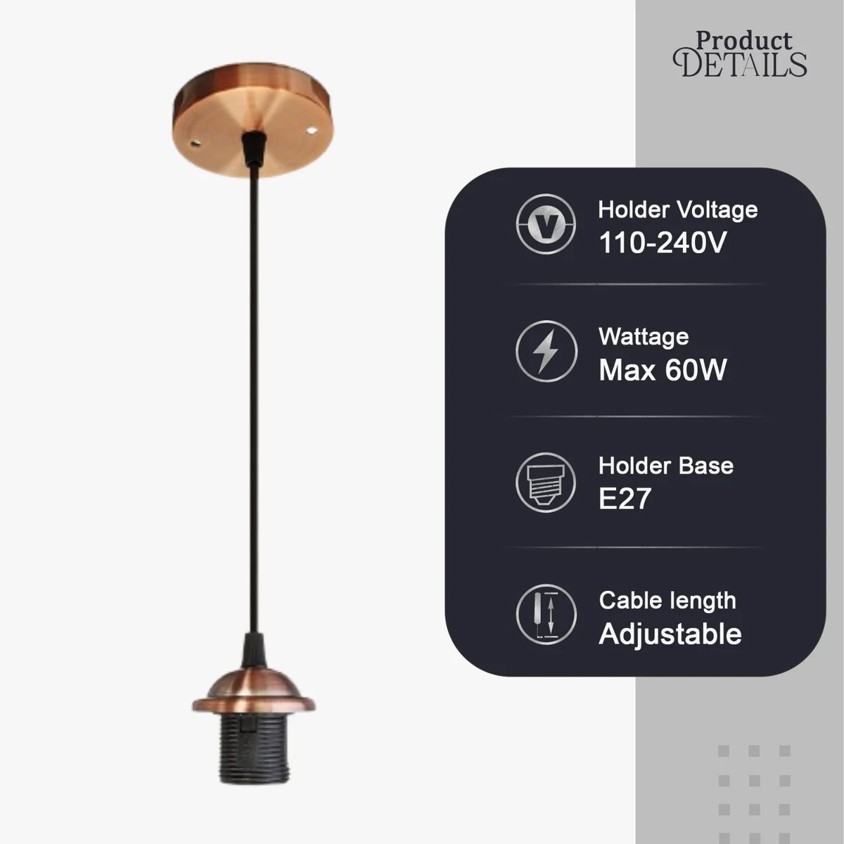 Copper ceiling rose pendant light with E27 base, copper finish, iron and PVC materials, 1m wire length, no bulb included