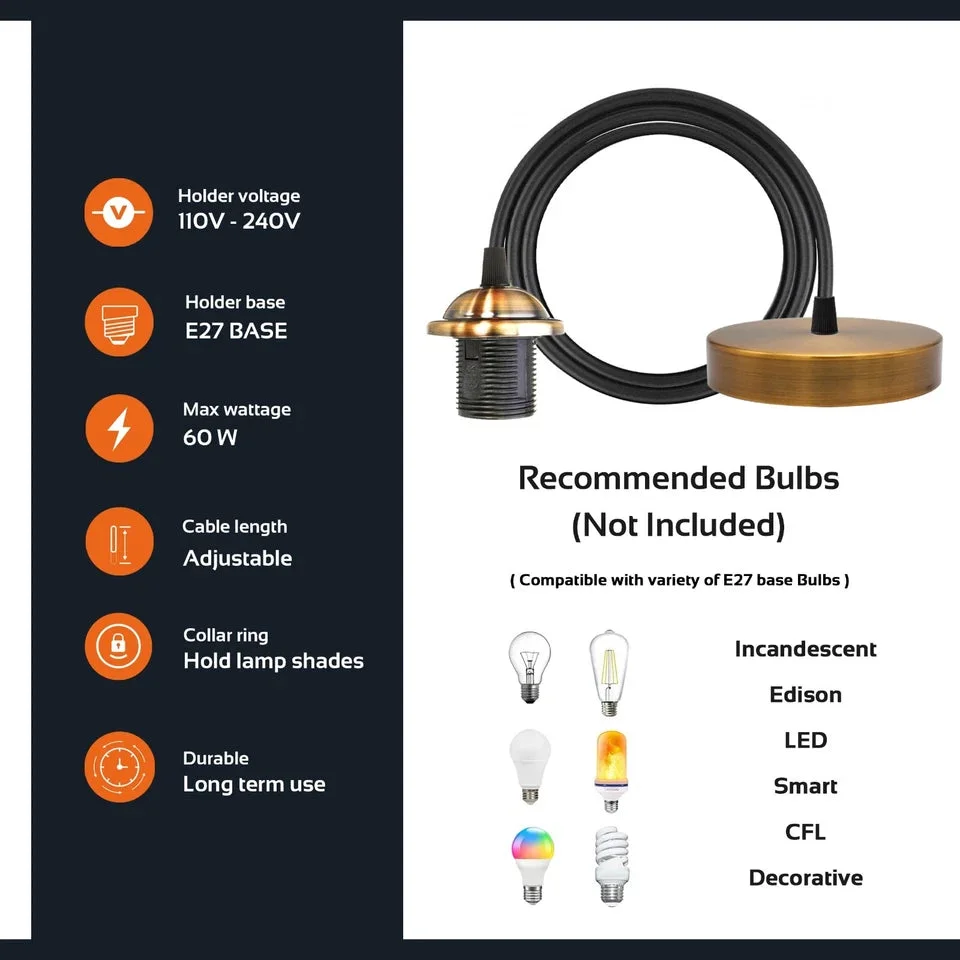 Copper iron pendant light holder with E27 base and 1m PVC wire for ceiling rose pendant light installation