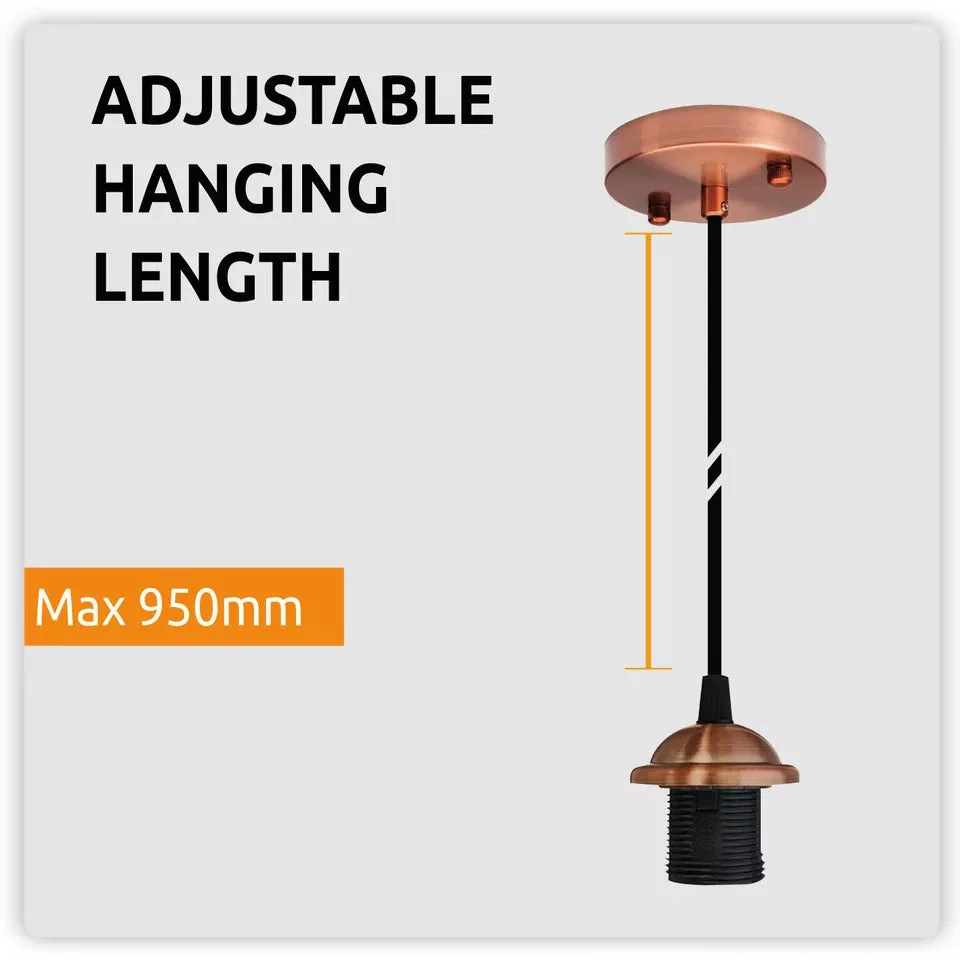 Copper ceiling rose pendant light with E27 base, copper finish, iron and PVC materials, 1m wire length, no bulb included