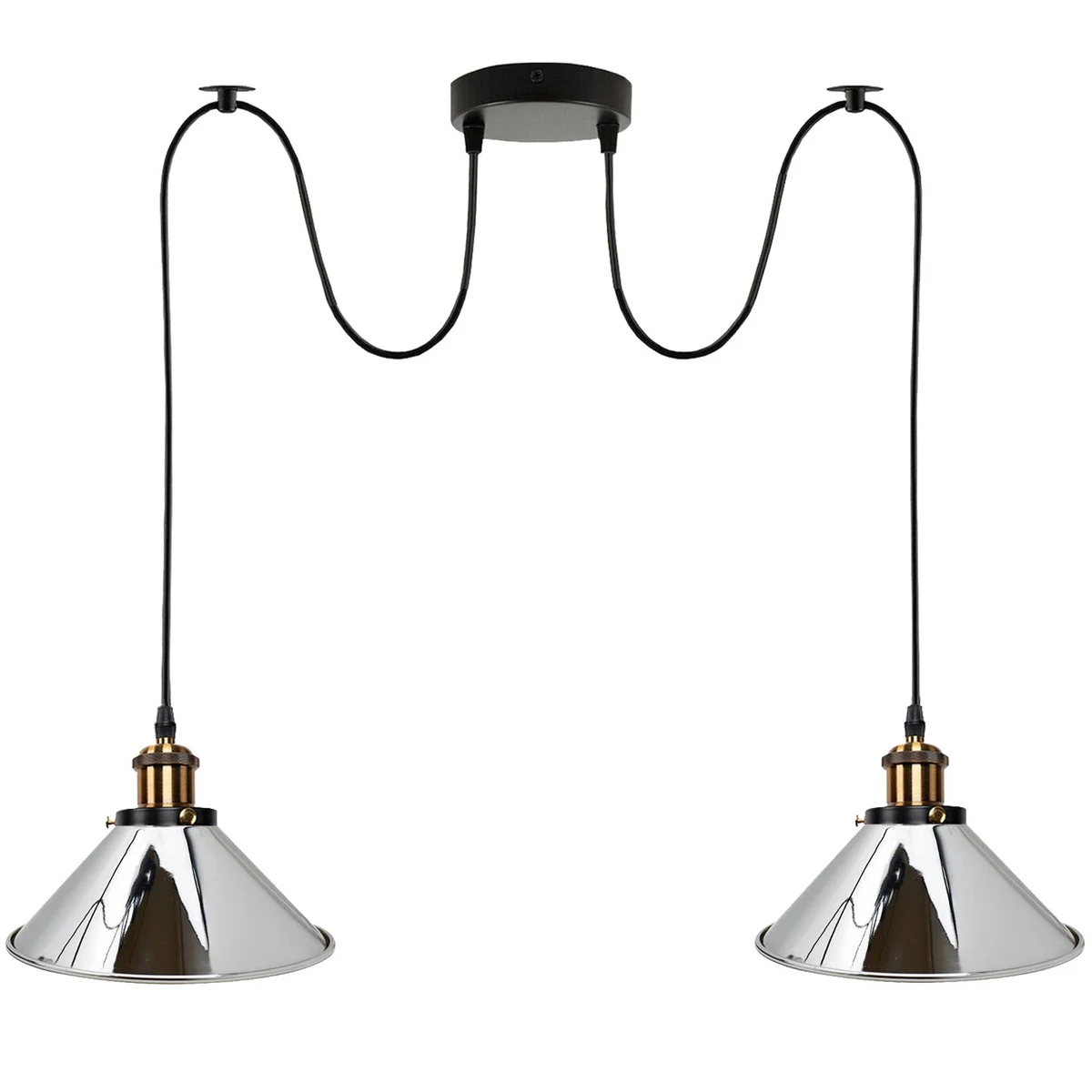 Chrome 2 way ceiling lamp with two chrome metal shades hanging from PVC cables, designed for E27 bulbs, industrial style