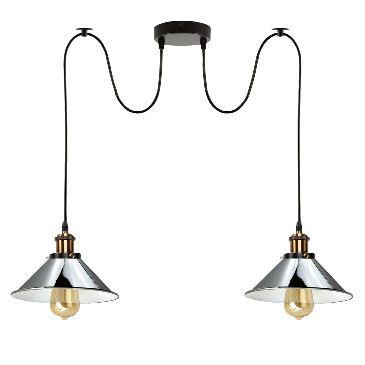 Chrome 2 way retro industrial E27 hanging lamp with two metal shades and PVC cables against a white background