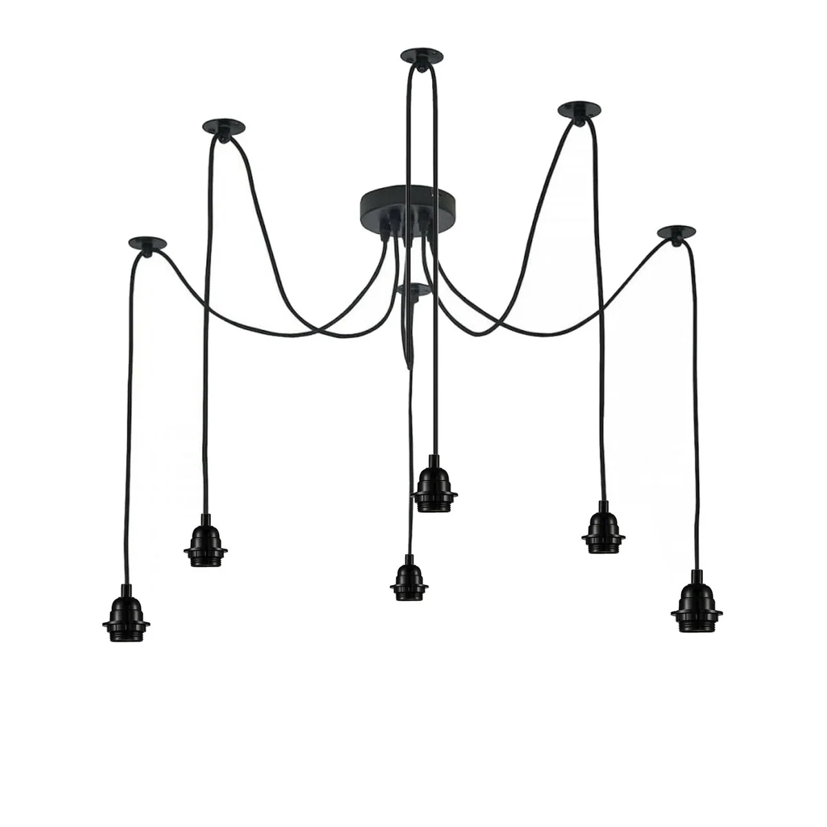 Industrial black metal 6 way ceiling fixture with adjustable arms and 200cm cable for pendant lighting installation