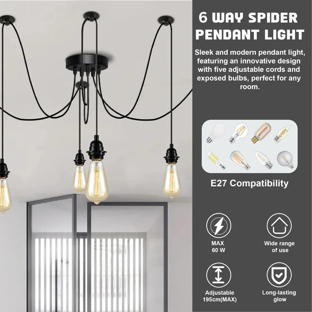 Black spider light pendant with six adjustable arms and E27 bulb holders, black metal and PVC design hanging from ceiling plate