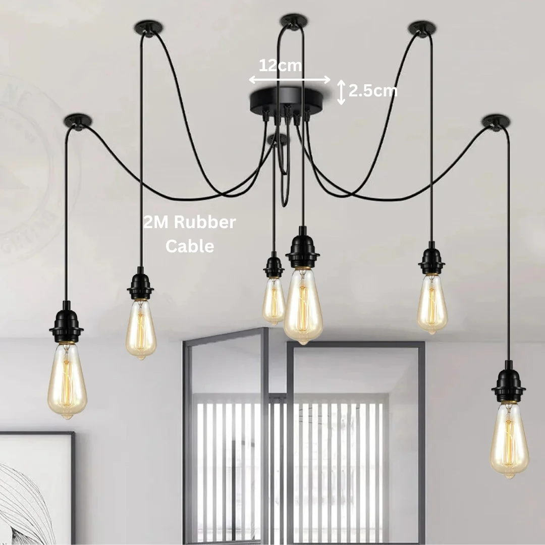 Black industrial 6-way pendant spider lamp with adjustable arms and 200cm cable for ceiling mounting