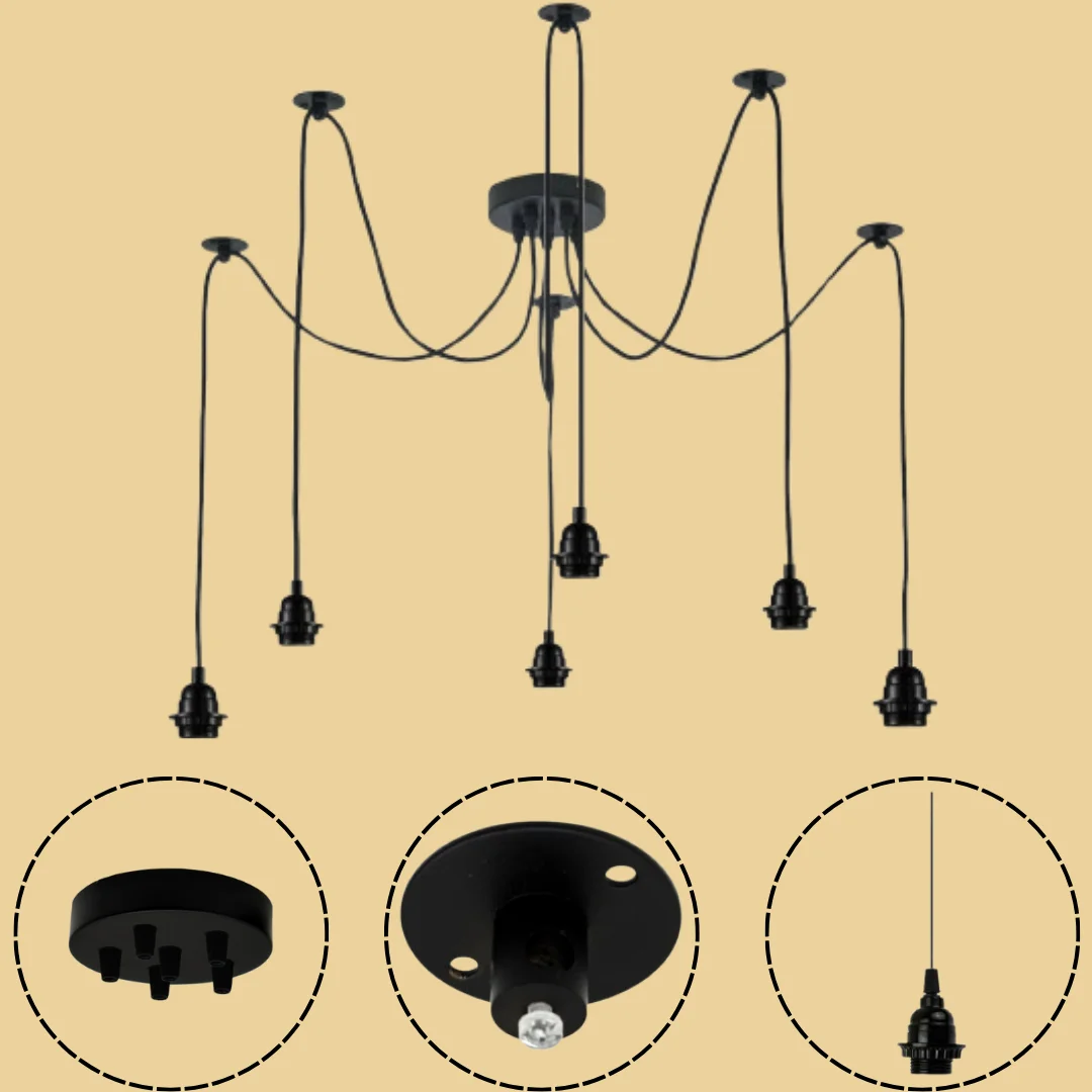Black industrial adjustable spider light pendant with six arms and long cable, designed for ceiling mounting