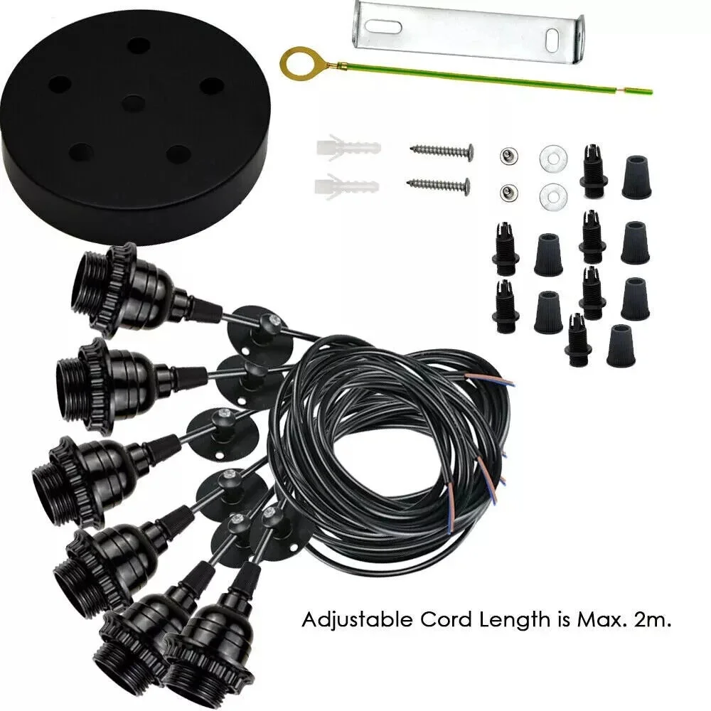 Black industrial metal spider ceiling light with six adjustable arms and 200cm cable hanging from ceiling plate