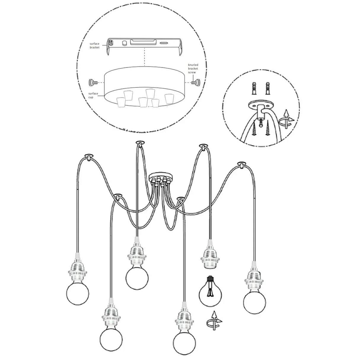 Black industrial spider pendant with six adjustable arms and E27 bulb holders hanging from a ceiling fixture