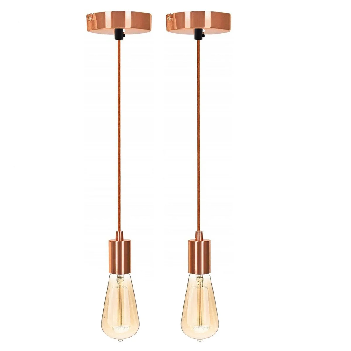 Rose gold 2 pendant ceiling light with fabric flex and E27 screw lamp holders on a 10cm metal ceiling rose plate