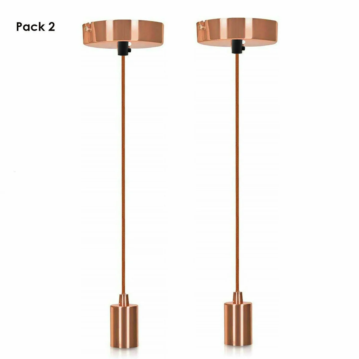 Rose gold E27 pendant lamp holder with fabric flex and two lamp sockets, includes dimmable ST64 E27 bulb and ceiling rose plate