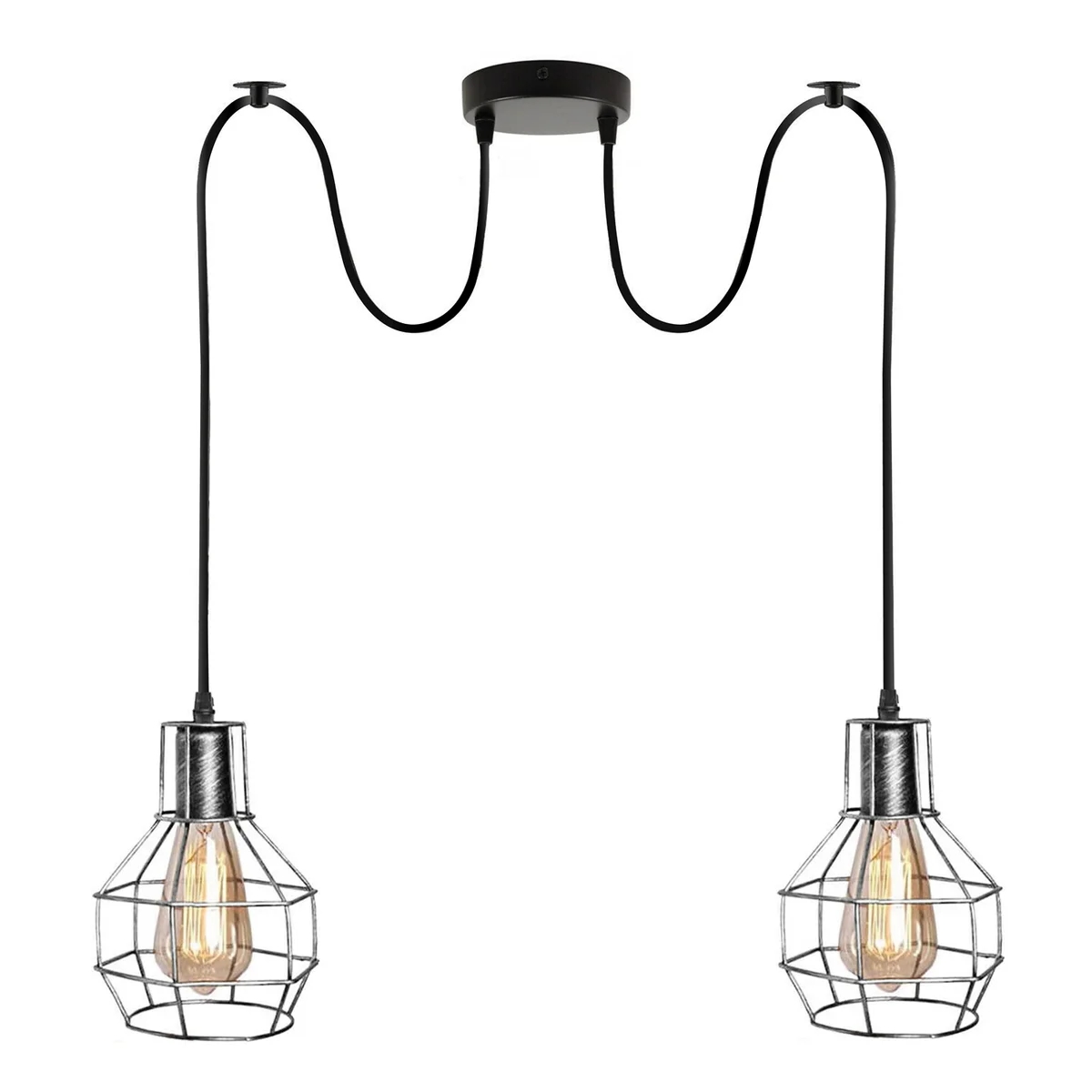Brushed silver industrial ceiling pendant light with spider-shaped metal cage and octopus-inspired ceiling mount hanging indoors