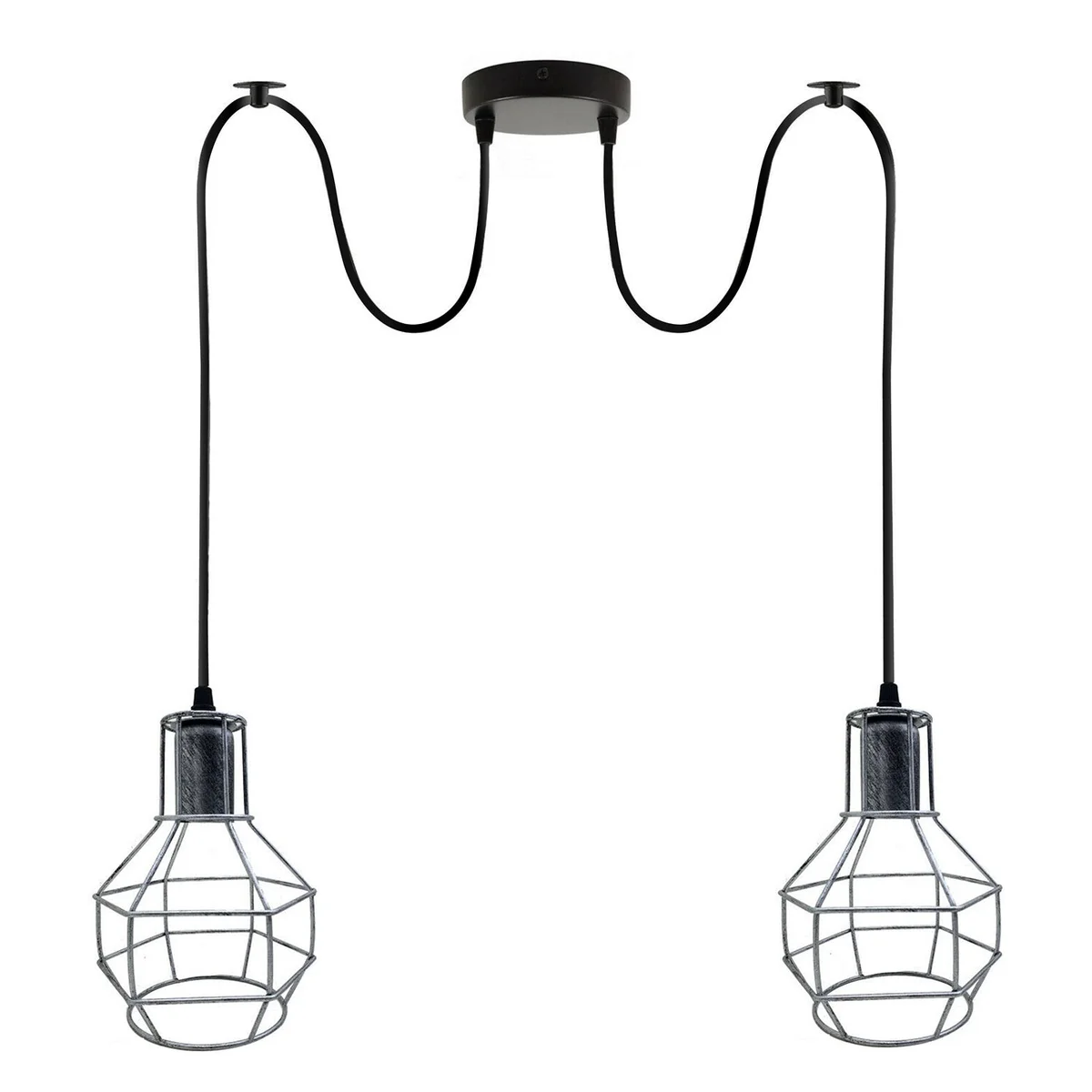 Brushed silver metal vintage ceiling chandelier with spider-shaped wire cage design and octopus-inspired ceiling mount