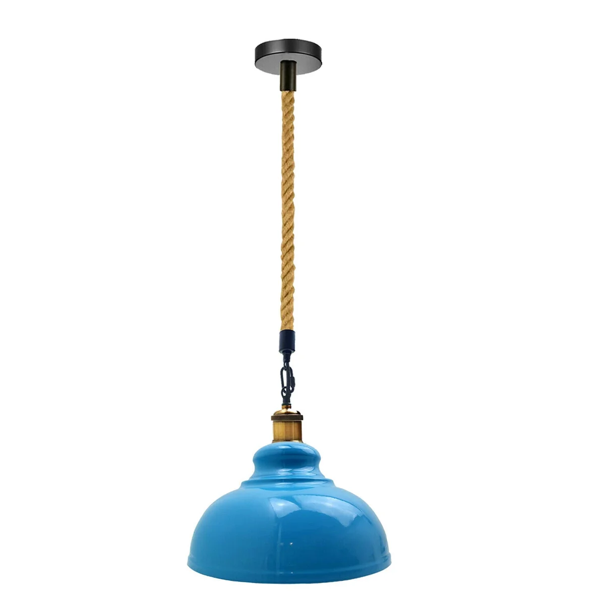 Blue vintage pendant light with metal shade and hemp rope hanging from ceiling in retro style