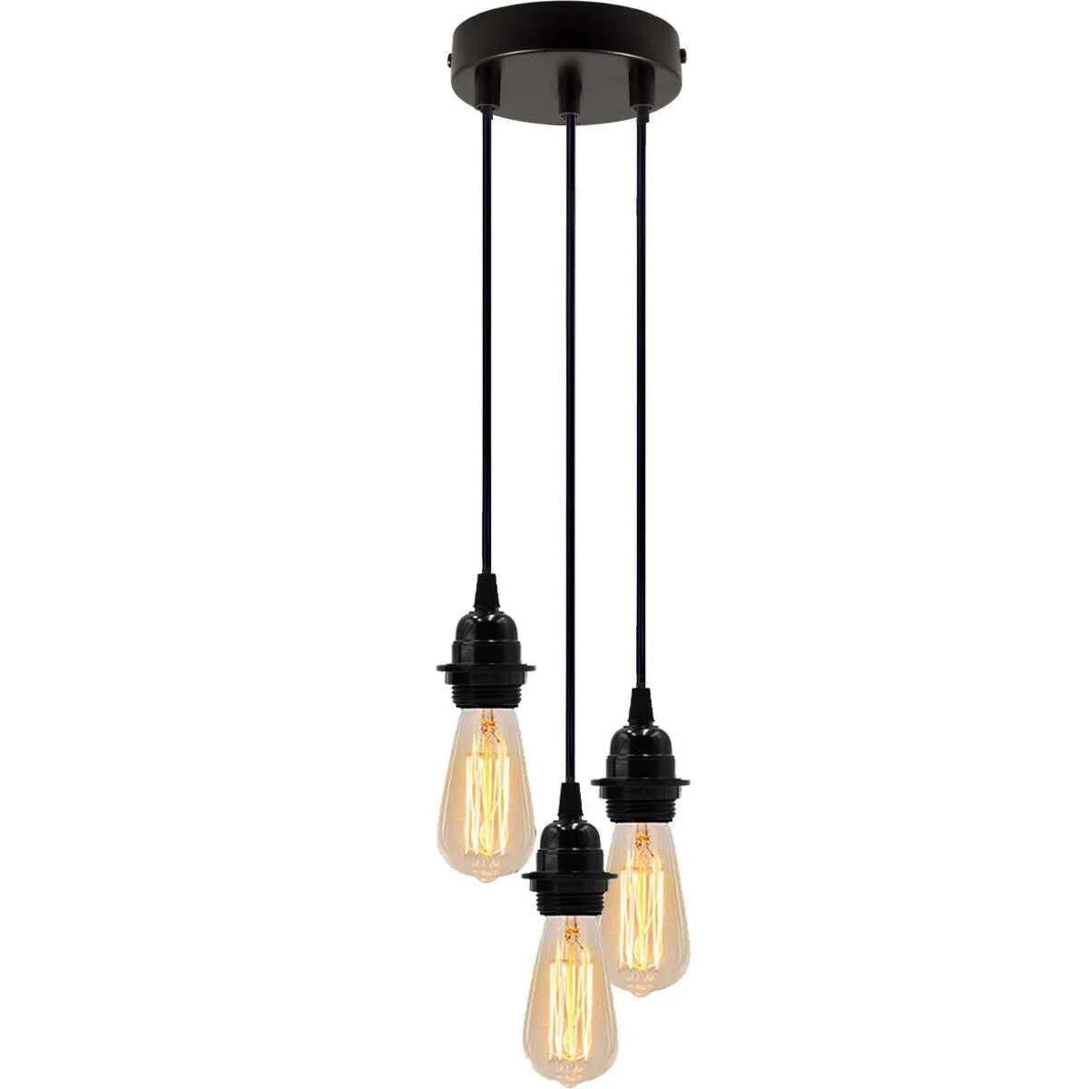 Three black E27 ceiling pendant light holders with 90cm cords and a 12cm diameter ceiling rose suspension set