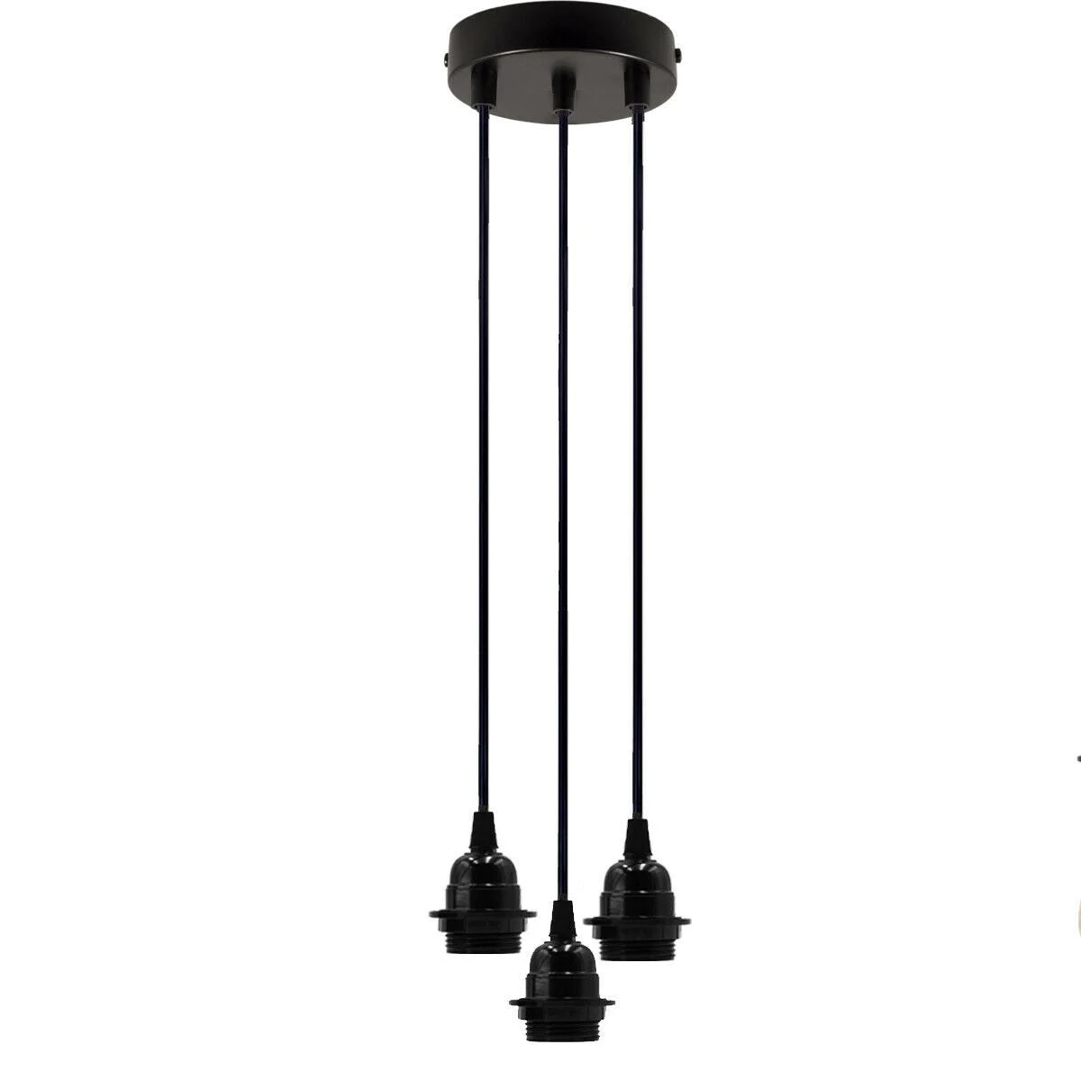 DIY ceiling rose light set with three black cord pendant holders and a 12cm metal ceiling rose for E27 bulbs