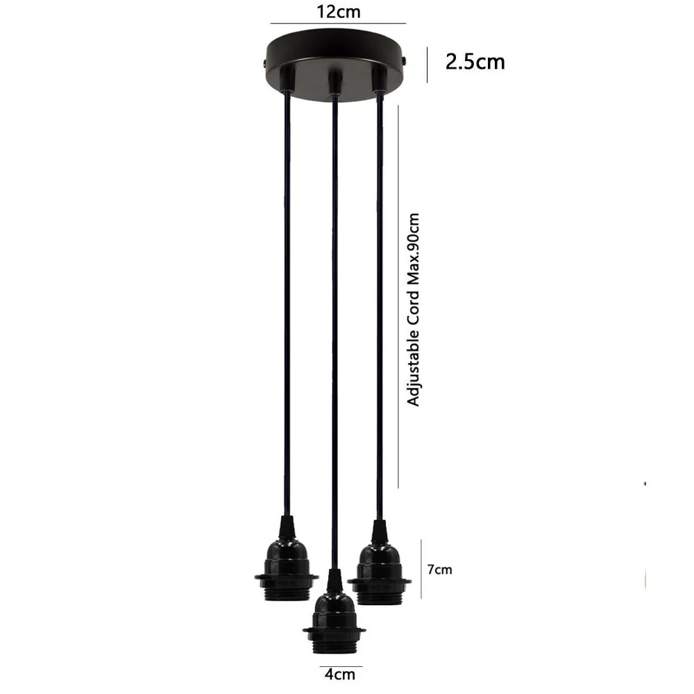 Three adjustable cord pendant light holders with black cords and metal ceiling rose for E27 bulbs on white background