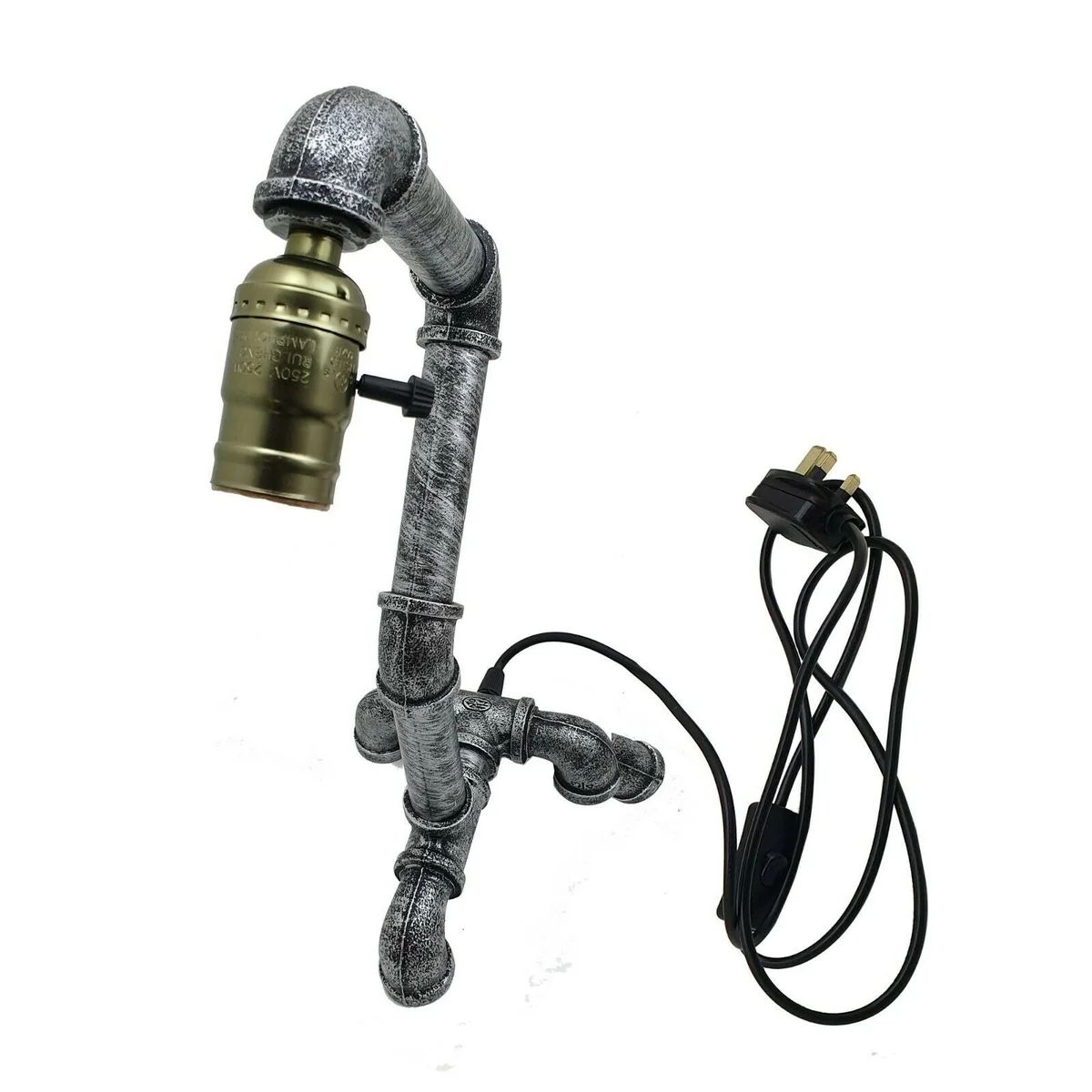 Brushed silver industrial steampunk E27 table lamp with water-pipe design and in-line on/off switch on wooden surface